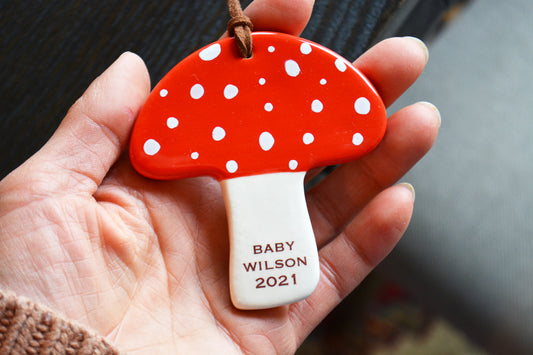 Ceramic Handmade Shiitake Mushroom Ornament Personalized with Baby Name - New Baby Boy or Girl Gift