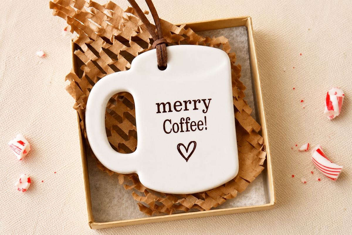 Ceramic Merry Christmas Coffee Mug Ornament - Unique Coffee Lover Gift