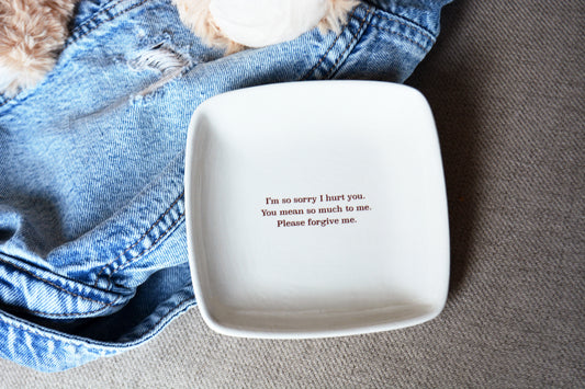 Personalized Apology Gift Set - Plush Teddy Bear with I F*ed Up Ceramic Heart Pin and Custom Keepsake Dish