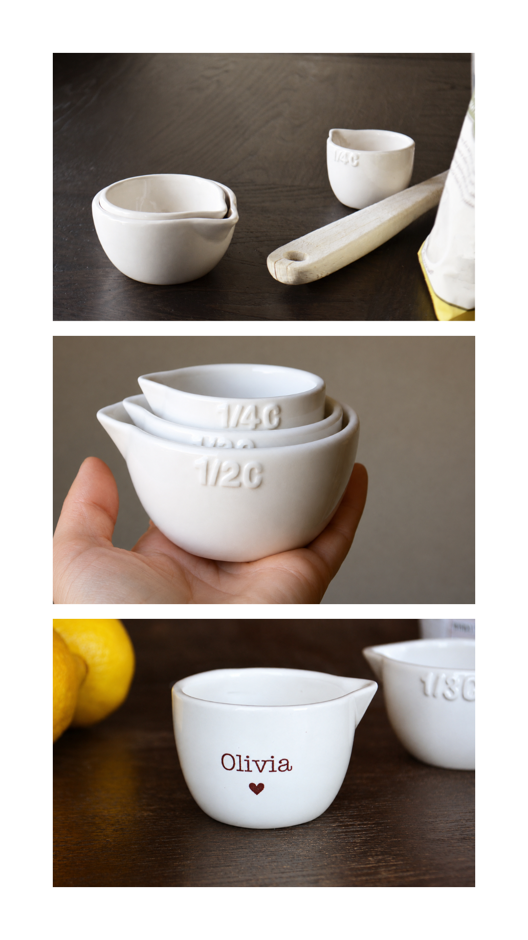 Personalized Ceramic Nesting Measuring Cups Set - Custom Handwritten Gift for Daughter, Bride, Mom or Baking Lover - 1/2 Cup 1/3 Cup 1/4 Cup