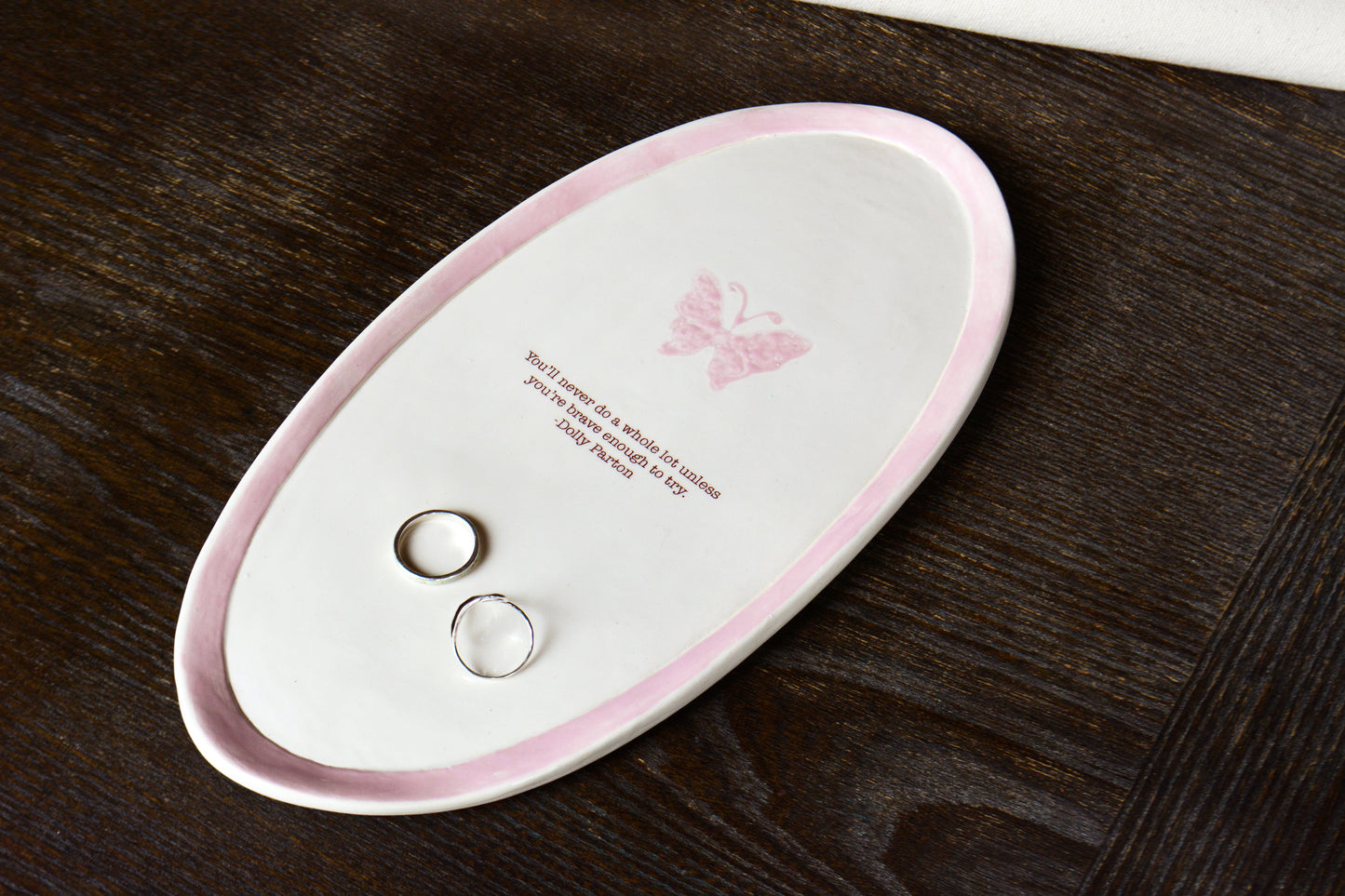 Personalized Inspirational Butterfly Quote Dish - Handmade Ceramic Nashville Inspired Catchall Dish, Rustic Pink