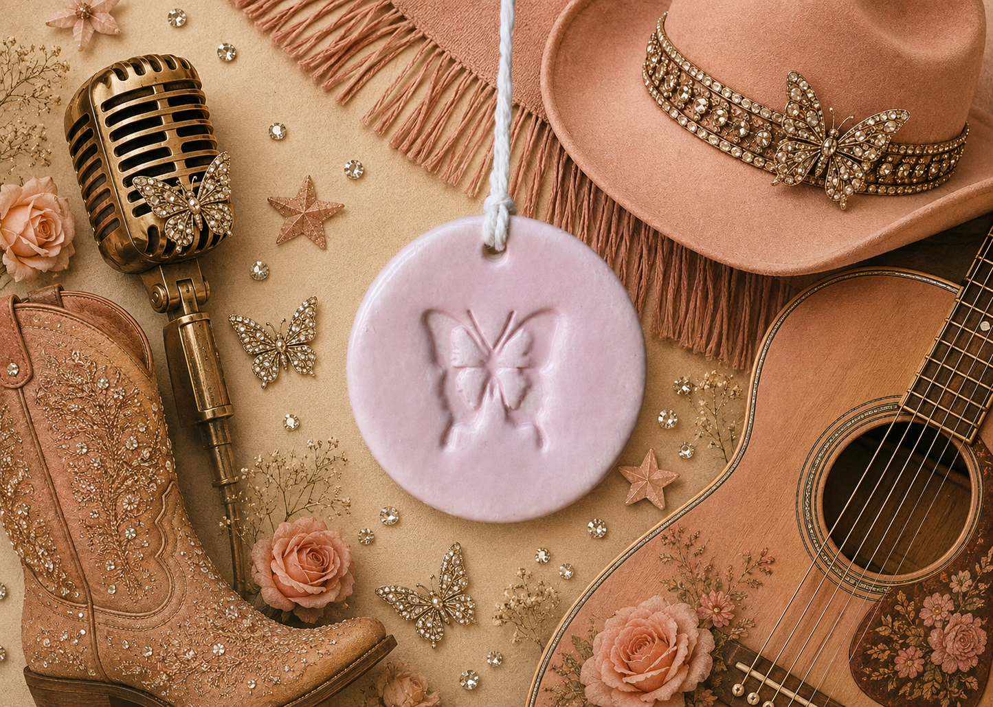 Nashville Inspired Butterfly Gift Tags, Rustic Pink Western Ceramic Gift Tag
