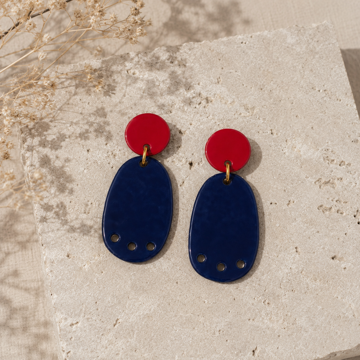 Handmade Ceramic Red and Blue Statement Earrings 14/20 Gold-Filled Findings