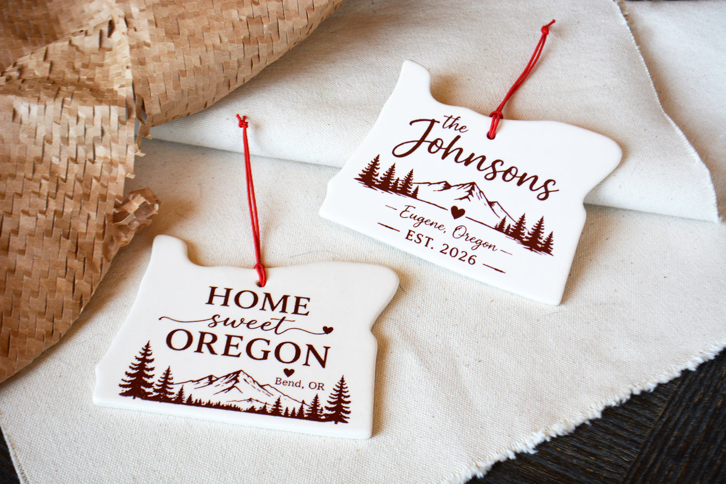 Personalized Oregon Christmas Ornament, Handmade Ceramic State Keepsake, Realtor Wedding Engagement New Home Gift