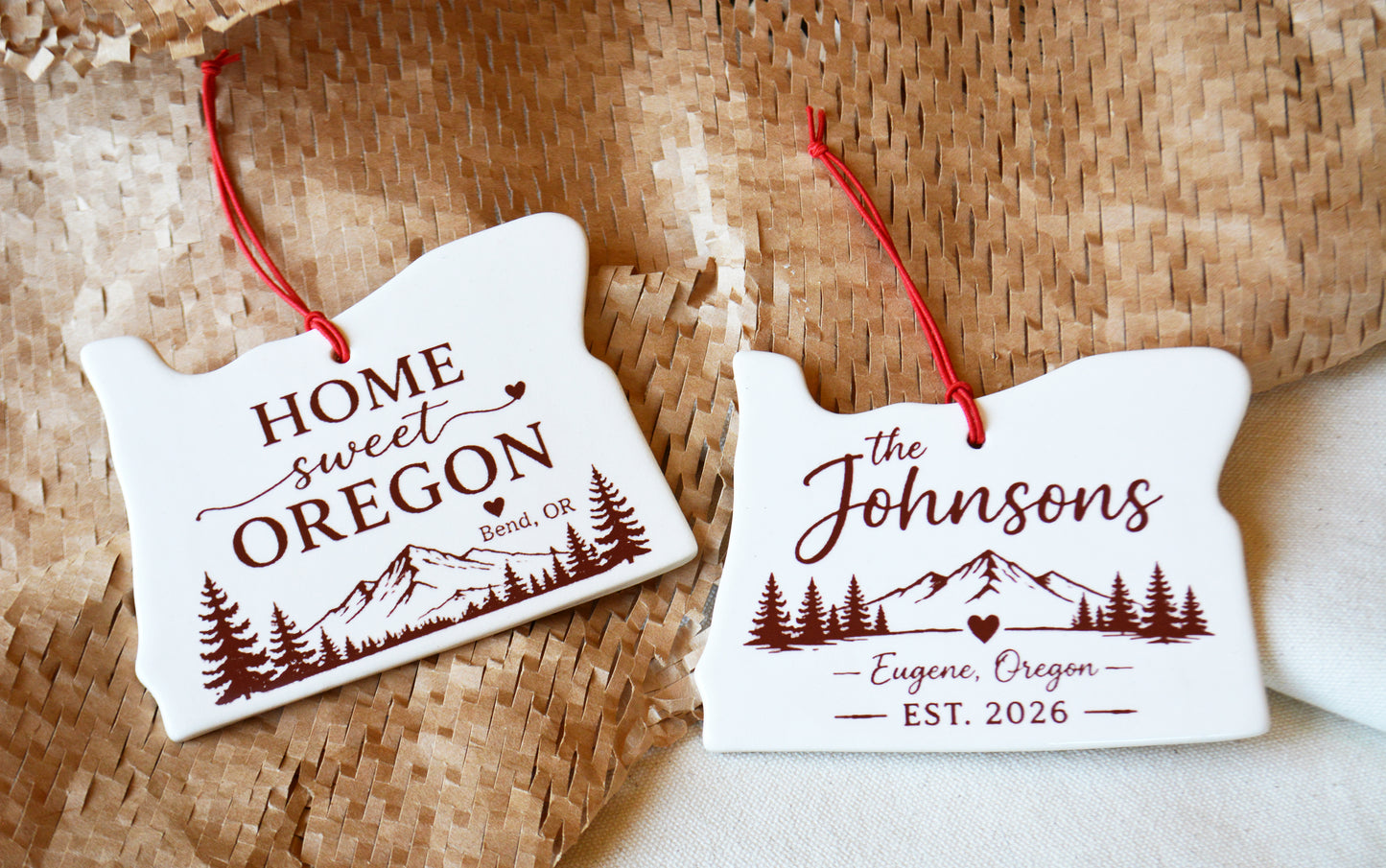 Personalized Oregon Christmas Ornament, Handmade Ceramic State Keepsake, Realtor Wedding Engagement New Home Gift