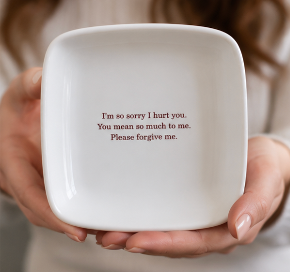 Personalized Apology Gift Set - Custom Ceramic Keepsake Dish with Plush Teddy Bear - Funny "I Fucked Up" Sorry Gift for Him or Her