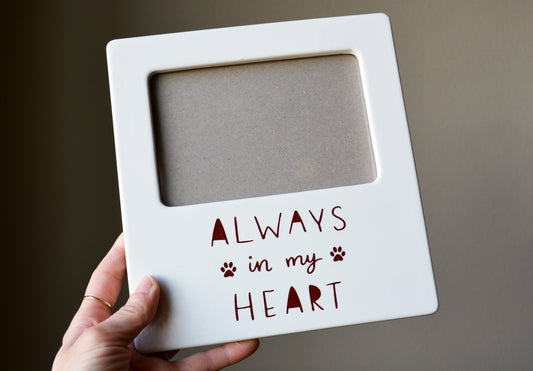 Personalized White Ceramic Pet Picture Frame - Dog or Cat Memorial Photo Keepsake - Always In My Heart