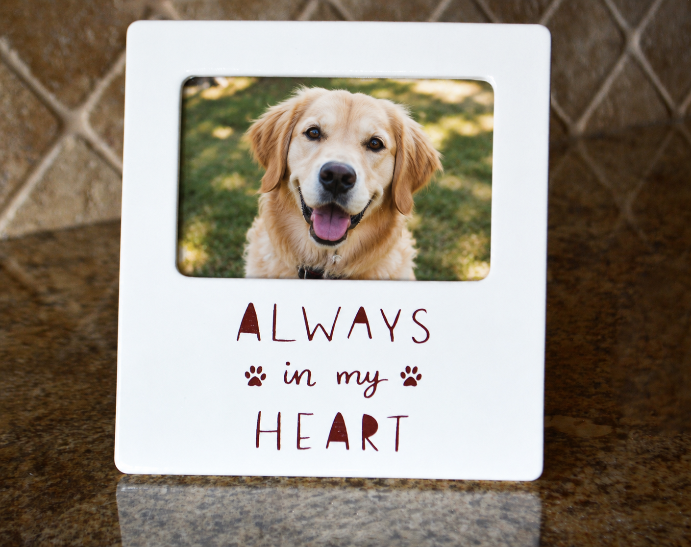 Personalized White Ceramic Pet Picture Frame - Dog or Cat Memorial Photo Keepsake - Always In My Heart