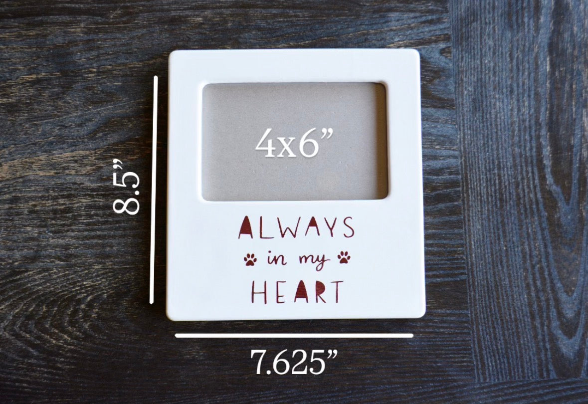 Personalized White Ceramic Pet Picture Frame - Dog or Cat Memorial Photo Keepsake - Always In My Heart