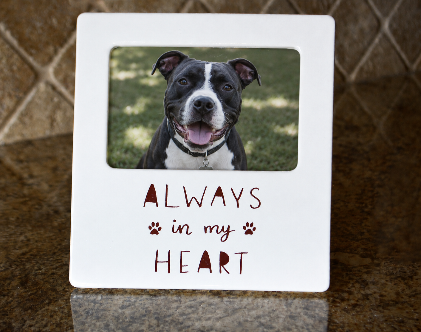 Personalized White Ceramic Pet Picture Frame - Dog or Cat Memorial Photo Keepsake - Always In My Heart