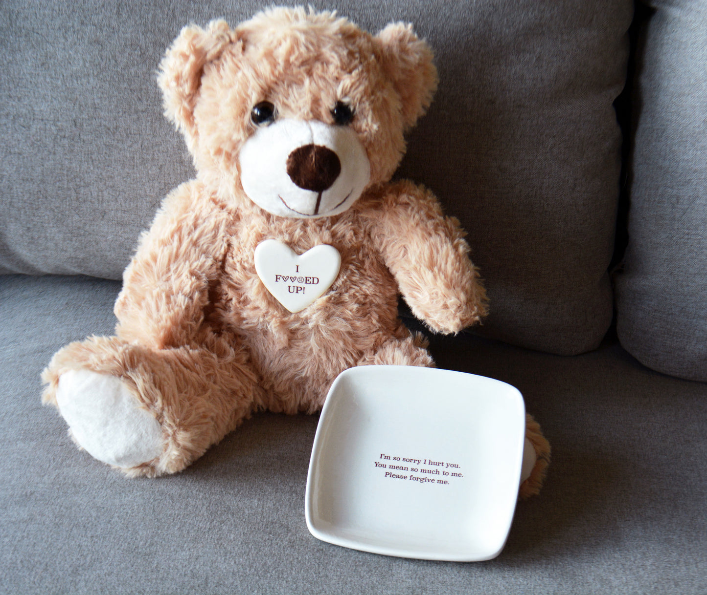 Personalized Apology Gift Set - Custom Ceramic Keepsake Dish with Plush Teddy Bear - Funny "I Fucked Up" Sorry Gift for Him or Her