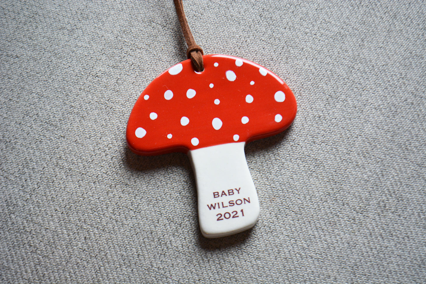 Ceramic Handmade Shiitake Mushroom Ornament Personalized with Baby Name - New Baby Boy or Girl Gift