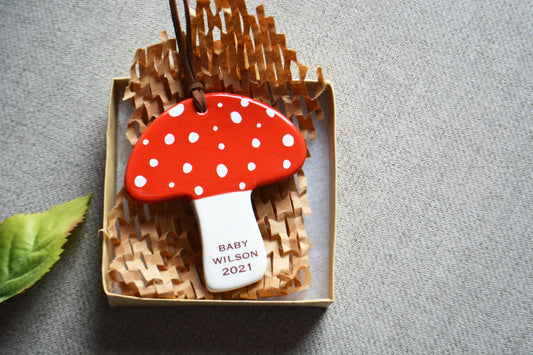 Ceramic Handmade Shiitake Mushroom Ornament Personalized with Baby Name - New Baby Boy or Girl Gift