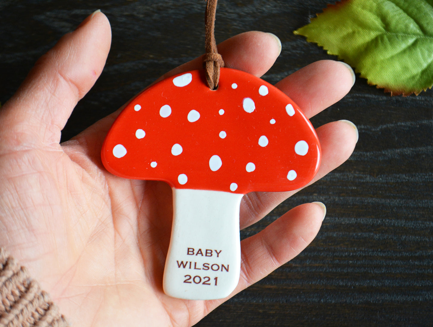 Ceramic Handmade Shiitake Mushroom Ornament Personalized with Baby Name - New Baby Boy or Girl Gift