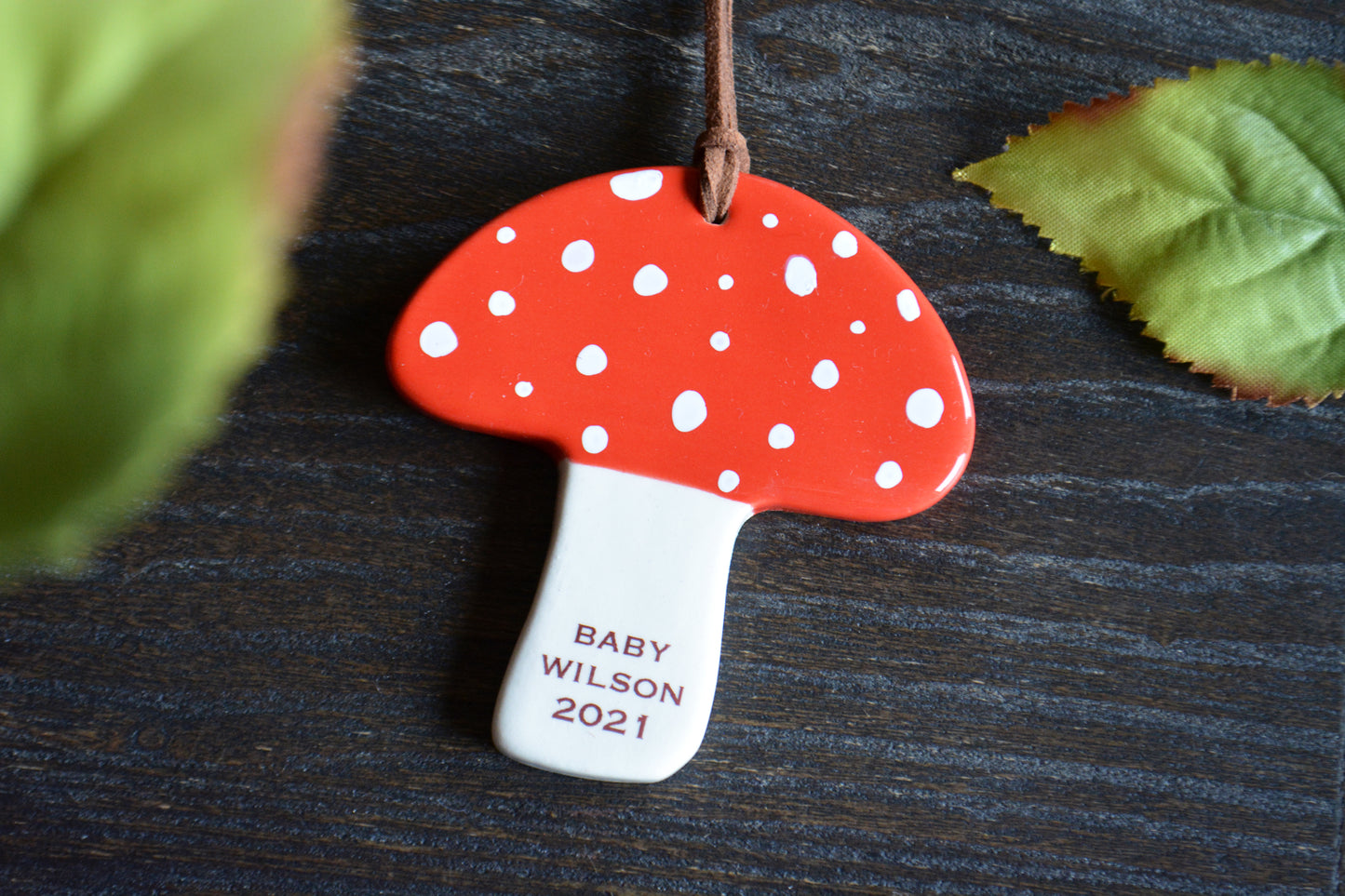 Ceramic Handmade Shiitake Mushroom Ornament Personalized with Baby Name - New Baby Boy or Girl Gift