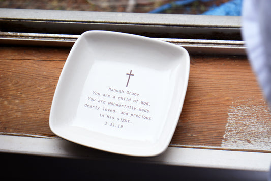 Personalized Scripture Keepsake Dish with Cross - Unique Baptism, First Communion and Confirmation Gift