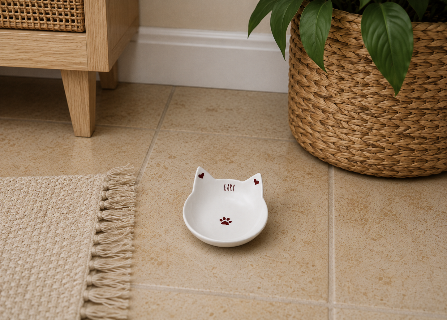 Personalized Cute Ceramic Cat Feeding Dish with Ears - Non Toxic Food Safe Whisker Friendly