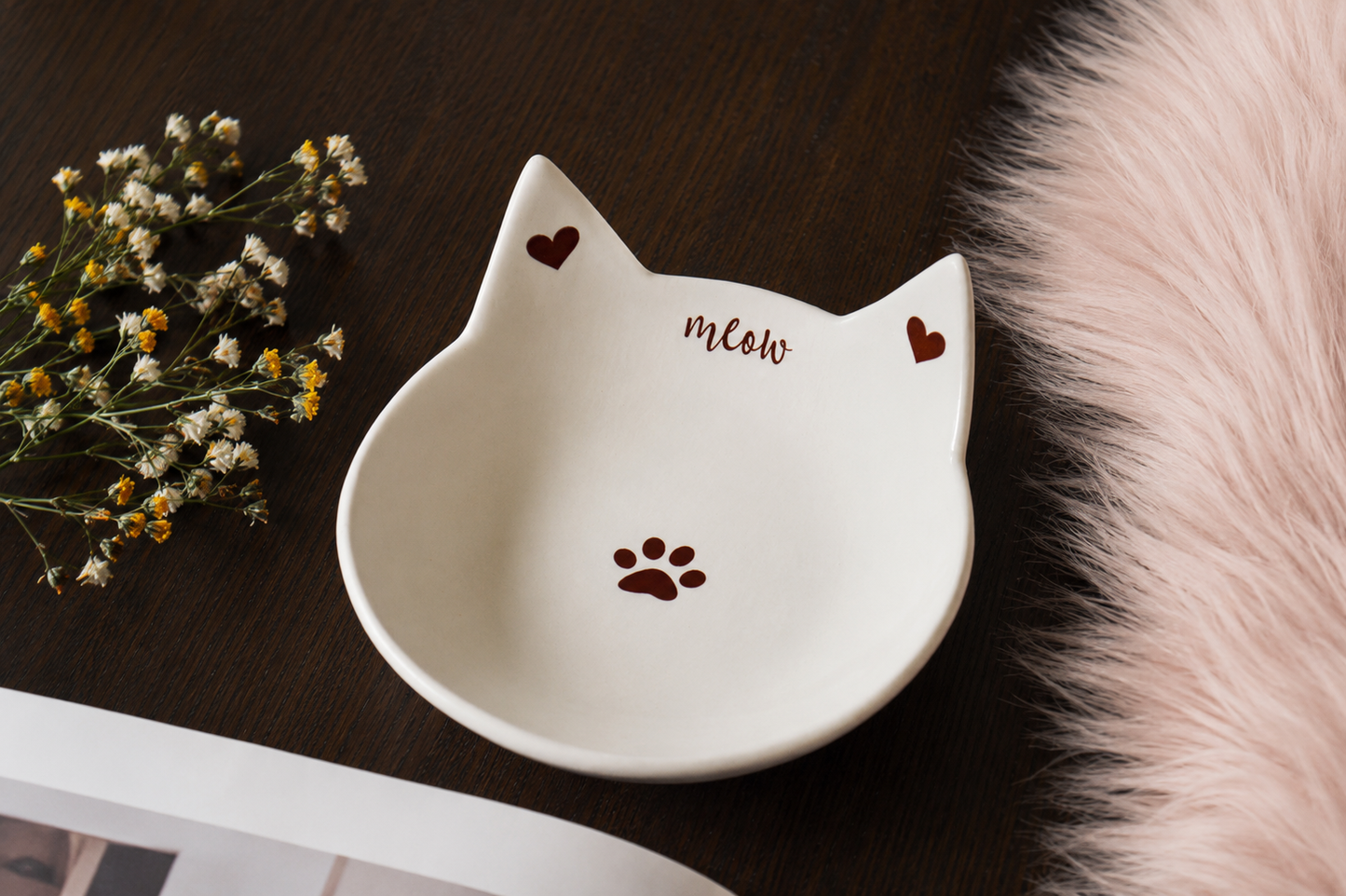 Personalized Cute Ceramic Cat Feeding Dish with Ears - Non Toxic Food Safe Whisker Friendly