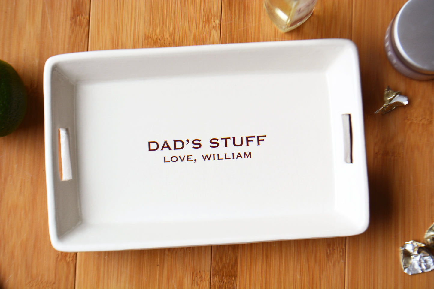 Personalized Rectangular Entryway Catchall Tray - Ceramic Key and Accessory Dish for Dresser, Nightstand, Bathroom or Kitchen