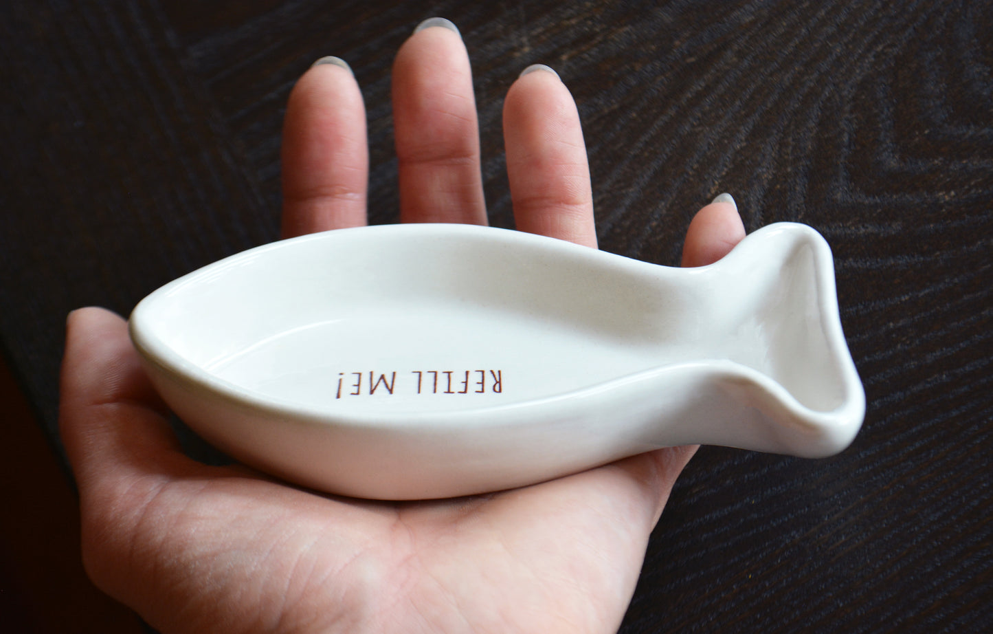 Personalized Ceramic Fish Shaped Cat Dish for Food or Treats - Funny Cat Lover Gift