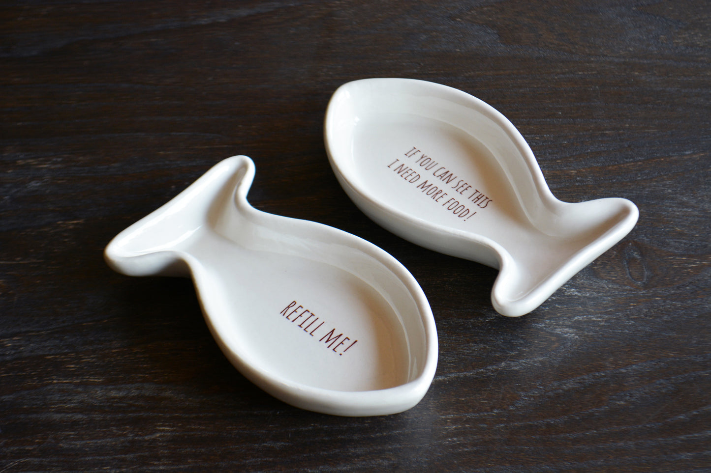 Personalized Ceramic Fish Shaped Cat Dish for Food or Treats - Funny Cat Lover Gift