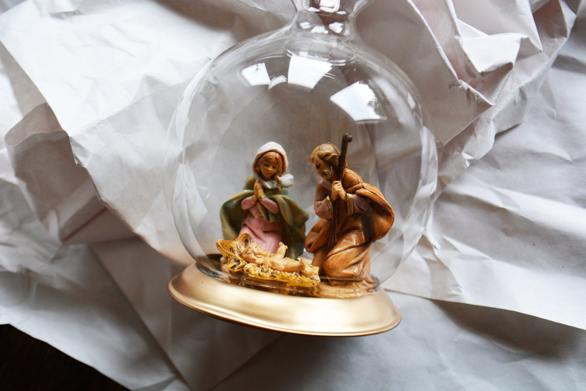 Vintage Fontanini Nativity Holy Family Glass Teardrop Christmas Ornament by Roman
