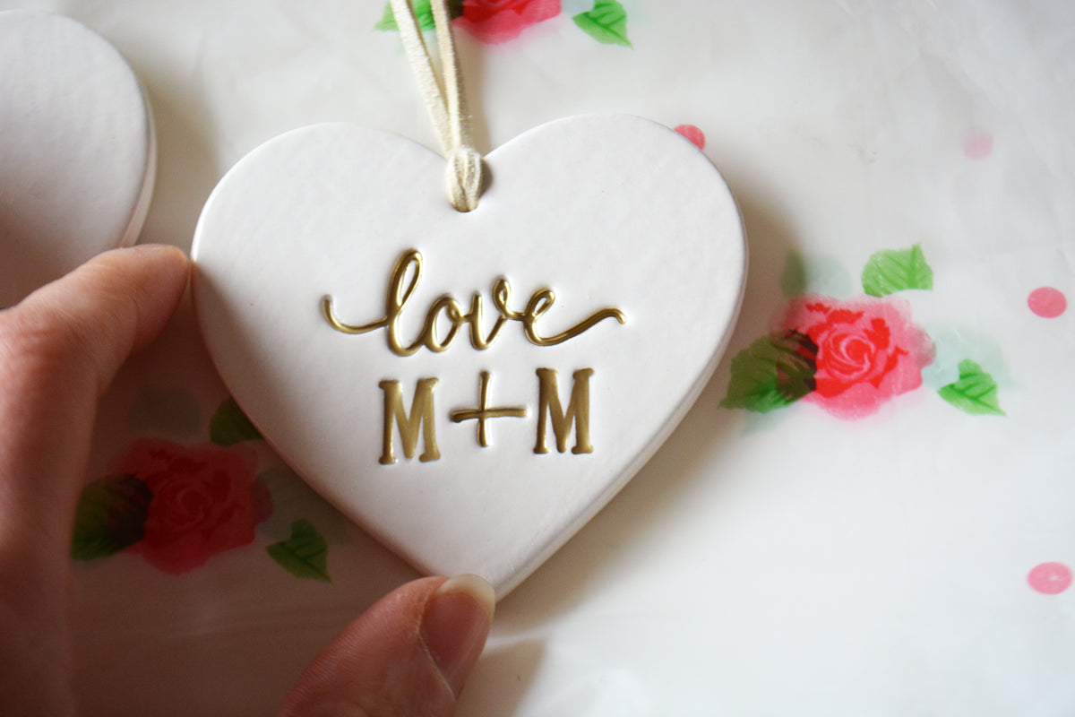 Personalized Ceramic Heart Ornament with Initials - Romantic I Love You Gift - First Christmas Together