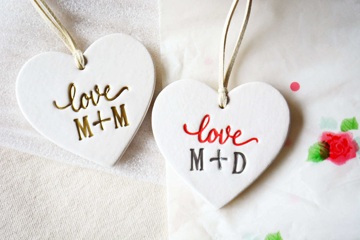 Personalized Ceramic Heart Ornament with Initials - Romantic I Love You Gift - First Christmas Together