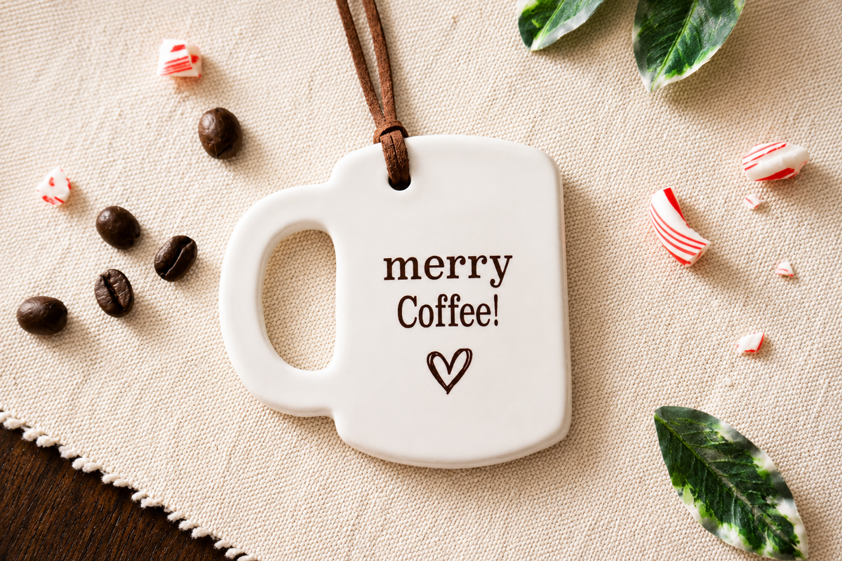 Ceramic Merry Christmas Coffee Mug Ornament - Unique Coffee Lover Gift