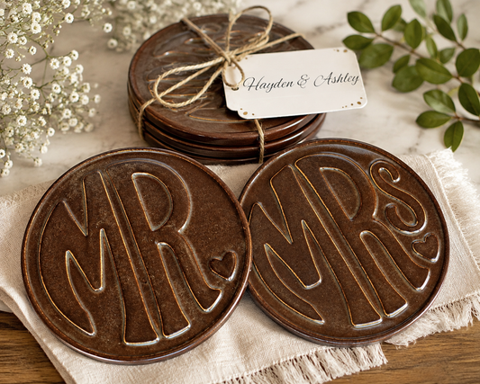 Mr and Mrs Embossed Coaster Set - Personalized Bride and Groom Wedding Gift - Ceramic Newlywed Coasters with Custom Name Tag