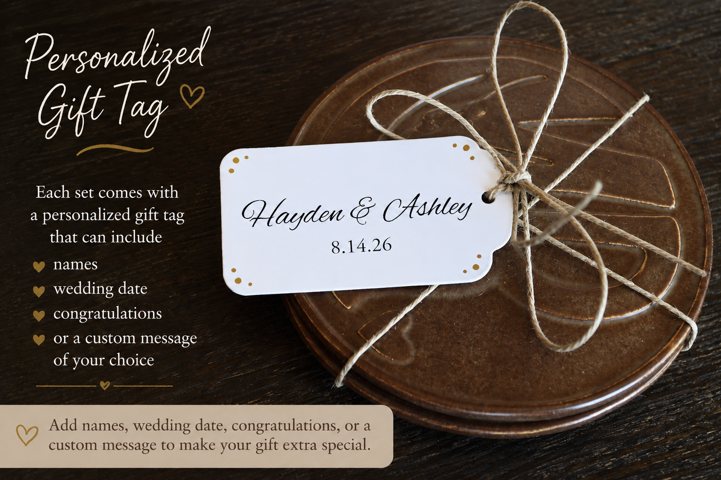 Mr and Mrs Embossed Coaster Set - Personalized Bride and Groom Wedding Gift - Ceramic Newlywed Coasters with Custom Name Tag