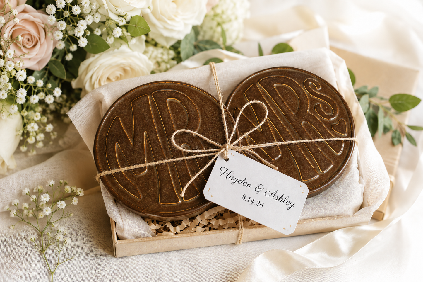 Mr and Mrs Embossed Coaster Set - Personalized Bride and Groom Wedding Gift - Ceramic Newlywed Coasters with Custom Name Tag