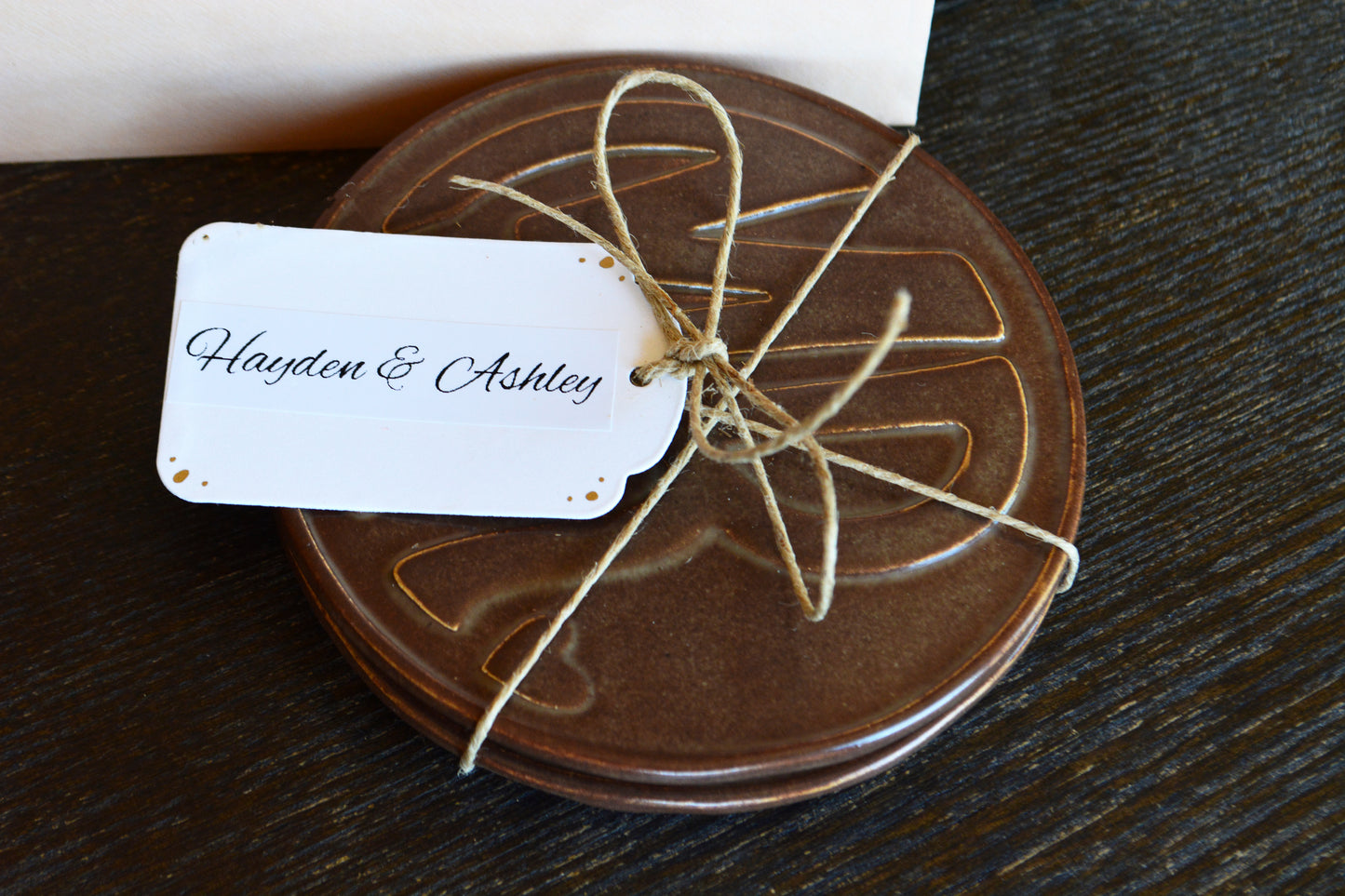 Mr and Mrs Embossed Coaster Set - Personalized Bride and Groom Wedding Gift - Ceramic Newlywed Coasters with Custom Name Tag