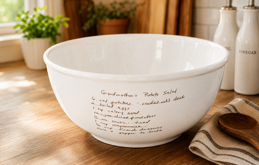 Personalized Kitchen Mixing Bowl with Custom Handwritten Family Recipe - Unique Handwriting Family Heirloom Gift