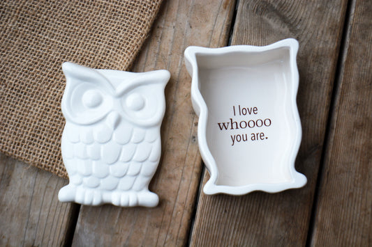 I Love Whoooo You Are Personalized Ceramic Owl Trinket Box - Unique Wedding Anniversary or Birthday Gift
