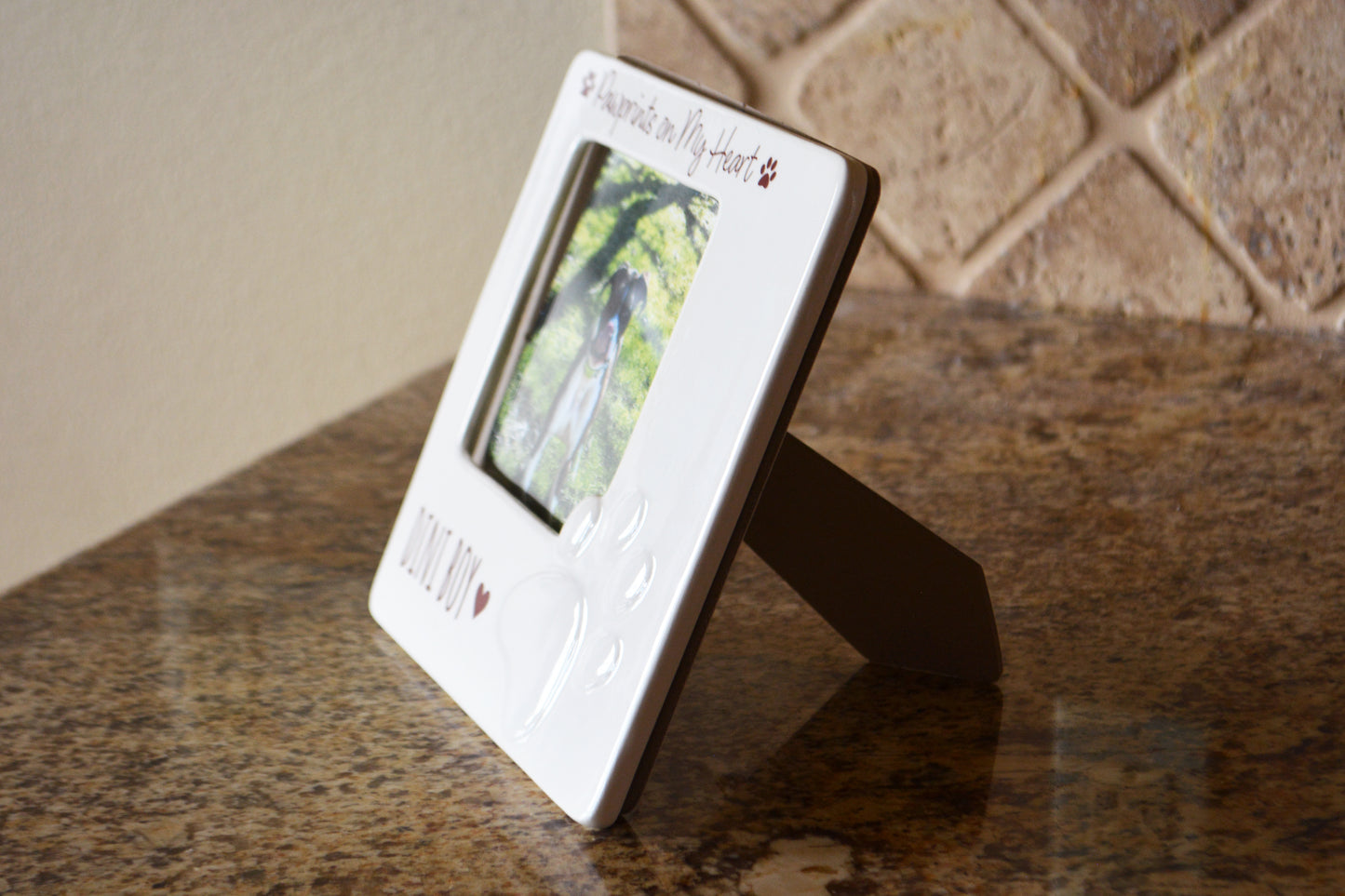 White Ceramic Pet Picture Frame with Paw Print Design - Personalized Pet Memorial Gift