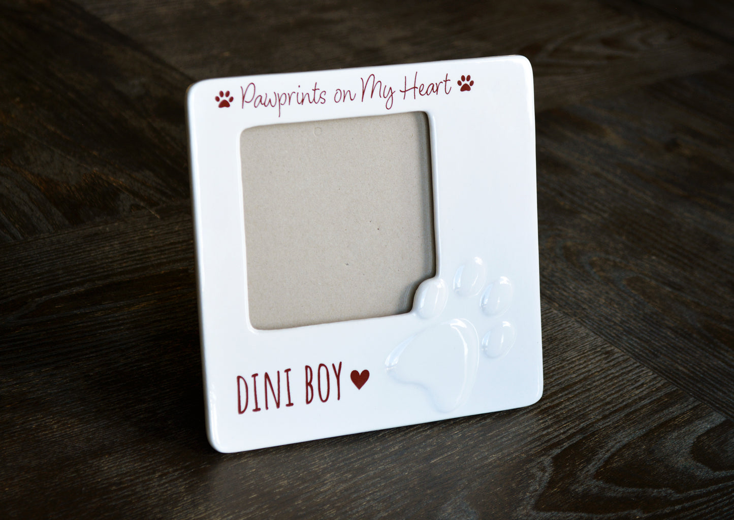 White Ceramic Pet Picture Frame with Paw Print Design - Personalized Pet Memorial Gift