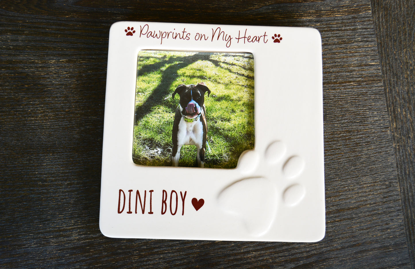 White Ceramic Pet Picture Frame with Paw Print Design - Personalized Pet Memorial Gift