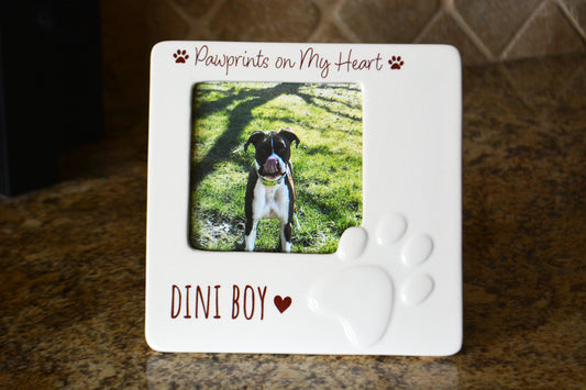 White Ceramic Pet Picture Frame with Paw Print Design - Personalized Pet Memorial Gift