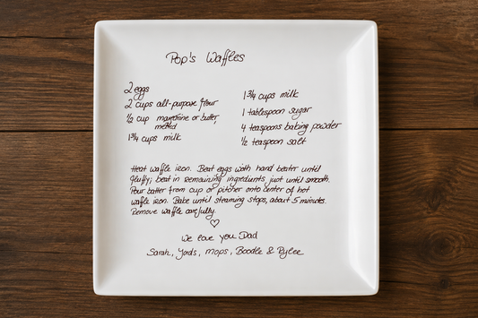 10 x 10 Square Ceramic Platter with Handwritten Family Recipe - Engraved Handwriting Transfer