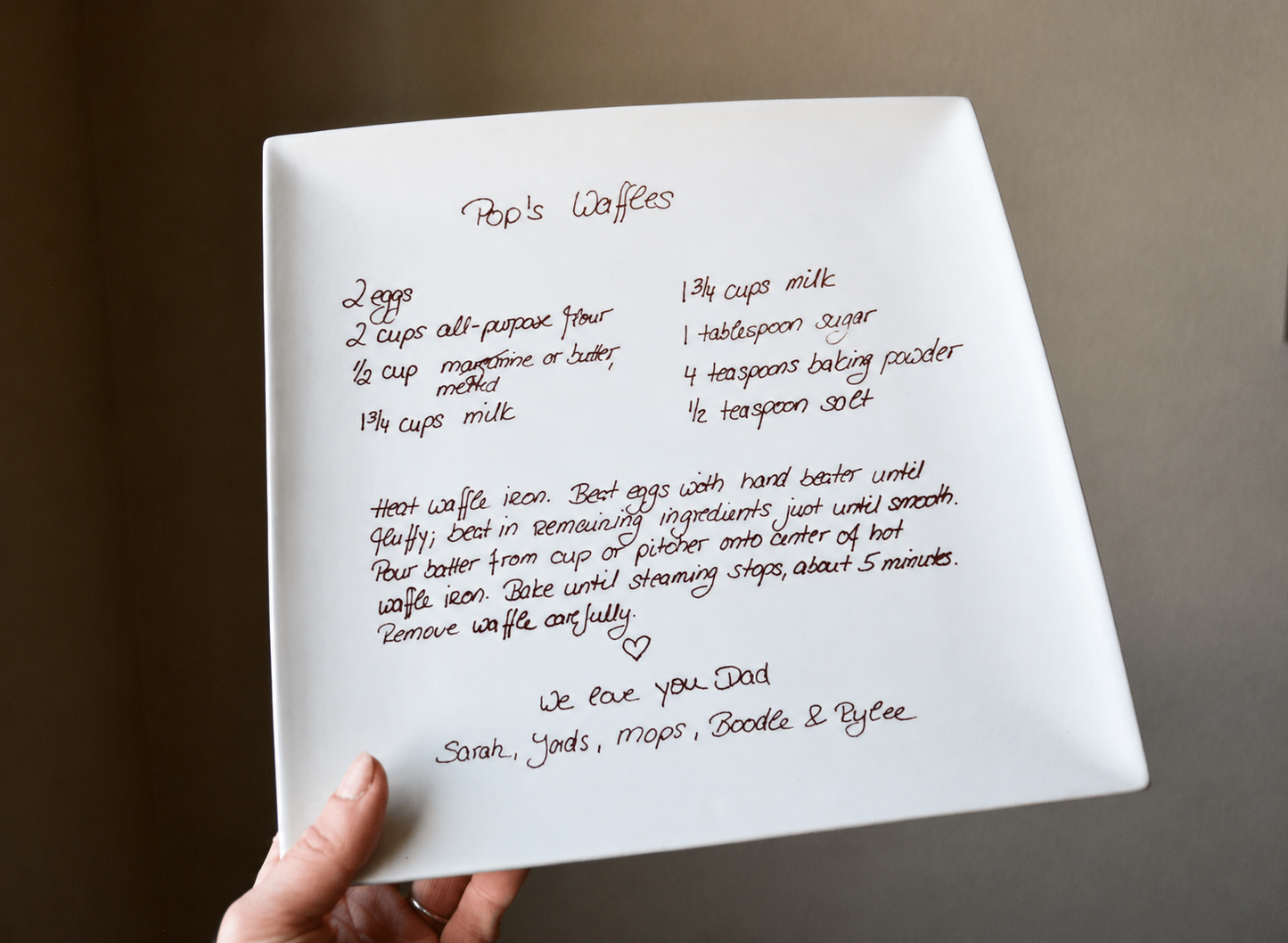 10 x 10 Square Ceramic Platter with Handwritten Family Recipe - Engraved Handwriting Transfer
