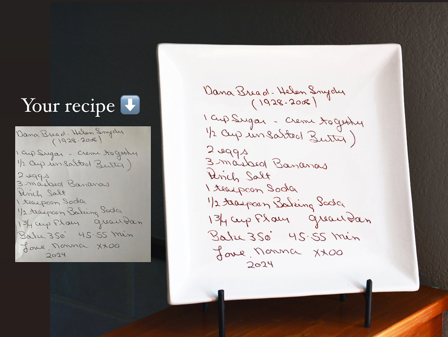 10 x 10 Square Ceramic Platter with Handwritten Family Recipe - Engraved Handwriting Transfer