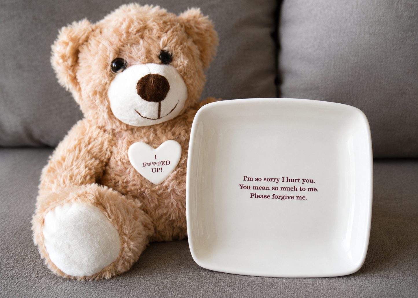 Personalized Apology Gift Set - Custom Ceramic Keepsake Dish with Plush Teddy Bear - Funny "I Fucked Up" Sorry Gift for Him or Her