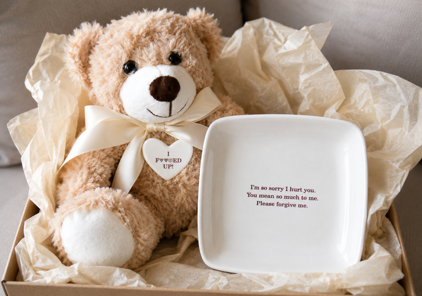 Personalized Apology Gift Set - Custom Ceramic Keepsake Dish with Plush Teddy Bear - Funny "I Fucked Up" Sorry Gift for Him or Her