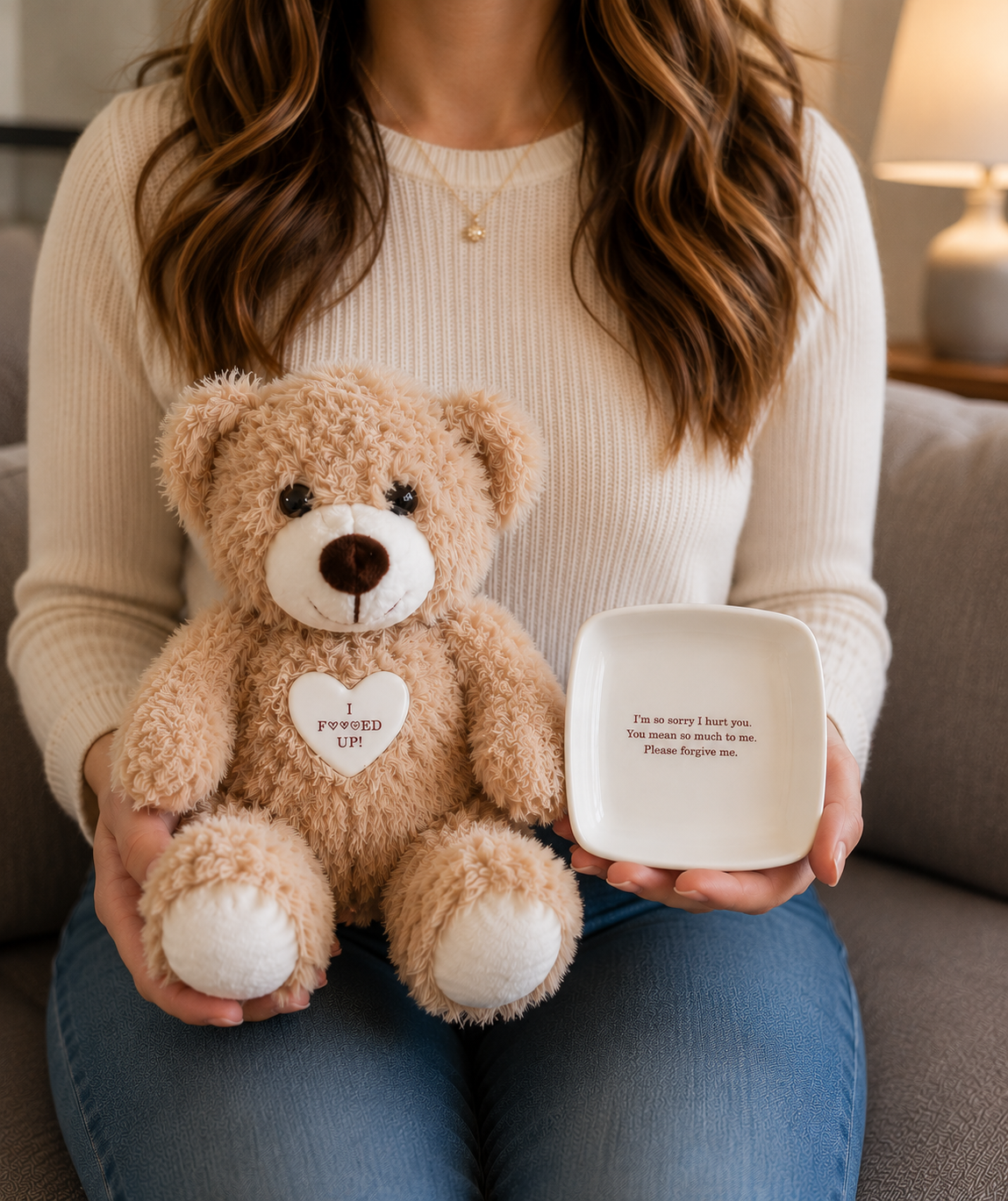 Personalized Apology Gift Set - Custom Ceramic Keepsake Dish with Plush Teddy Bear - Funny "I Fucked Up" Sorry Gift for Him or Her
