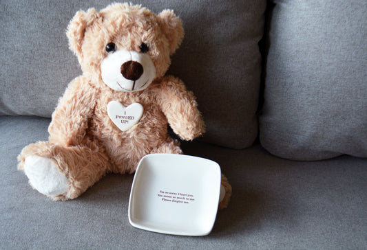 Personalized Apology Gift Set - Plush Teddy Bear with I F*ed Up Ceramic Heart Pin and Custom Keepsake Dish