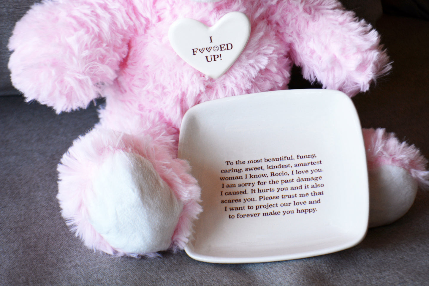 Personalized Apology Gift Set - Plush Teddy Bear with I F*ed Up Ceramic Heart Pin and Custom Keepsake Dish