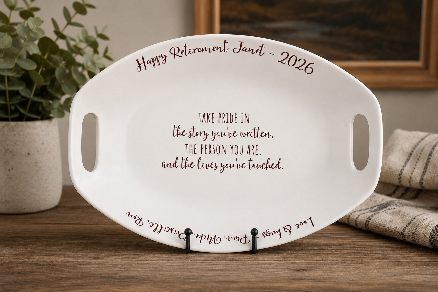 Large Ceramic Platter with Handles and Custom Message