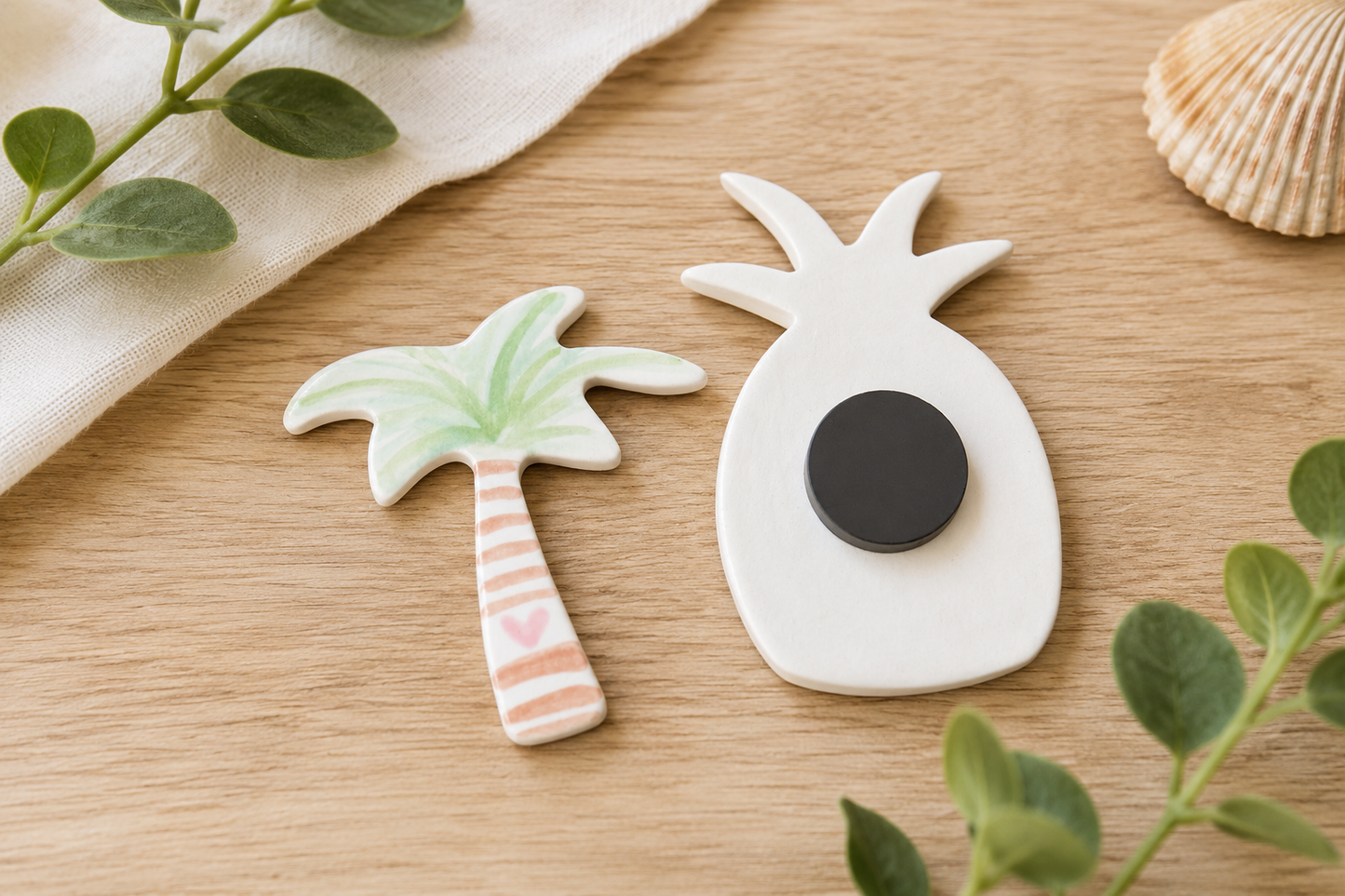 Tropical Island Refrigerator Magnet Gift Set - Handmade Ceramic Pineapple and Palm Tree