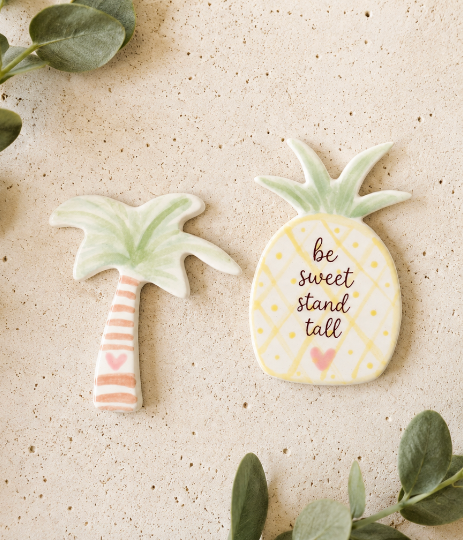 Tropical Island Refrigerator Magnet Gift Set - Handmade Ceramic Pineapple and Palm Tree